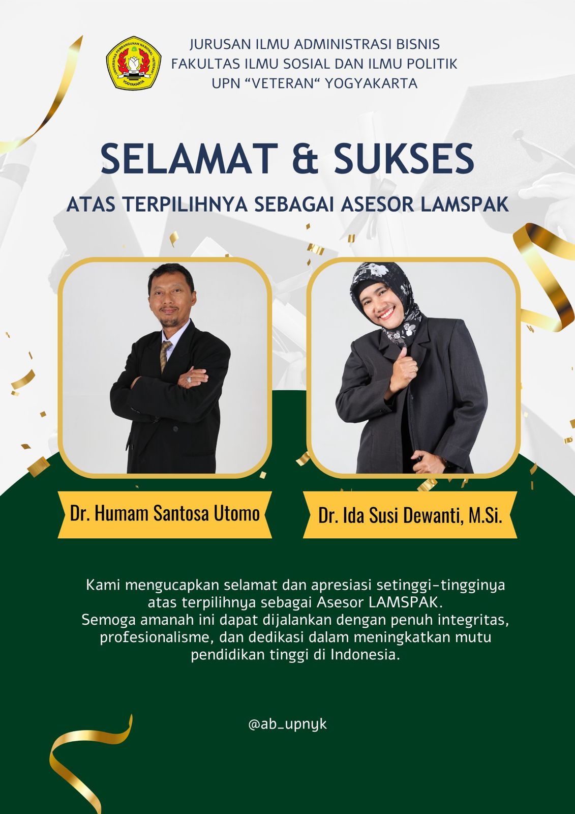 Dua Dosen Ilmu Administrasi Bisnis UPN “Veteran” Yogyakarta Resmi Terpilih Sebagai Asesor LAMSPAK